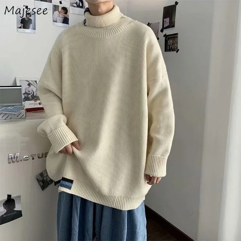 

Men Turtleneck Pullovers Oversize Solid Simple All-match Soft Slouchy Daily Males Sweaters Trendy Knitwear Autumn Teenagers Chic