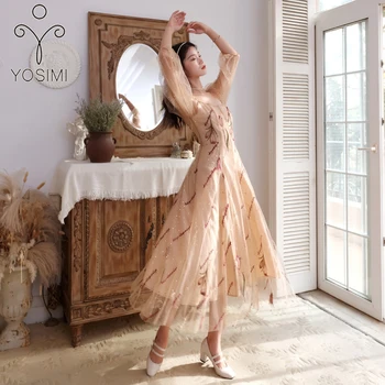 

YOSIMI Party Dress 2020 Summer Maxi Elegant Mesh Floral Embroidery Lace Long Women Dress Puff Sleeve Wrist Sleeve Vintage Dress