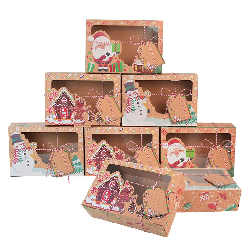 9Pcs Christmas Cookie Box Kraft Paper Candy Gift Boxes Bags Food Packaging Box Christmas Party Kids Gift New Year Navidad 2020