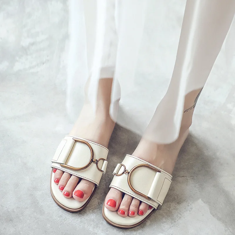 

Slipper Women's Outer Wear Versitile Fashion Online Celebrity 2019 Summer New Style A- line Korean-style Seaside Genuine Leather