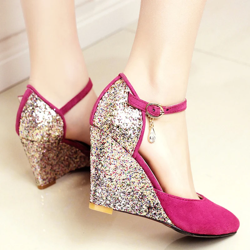 

Shallow women shoes wedges pointed closed toe sandals flock sequins bling elegant ladies solid casual 2019new hot femme europran