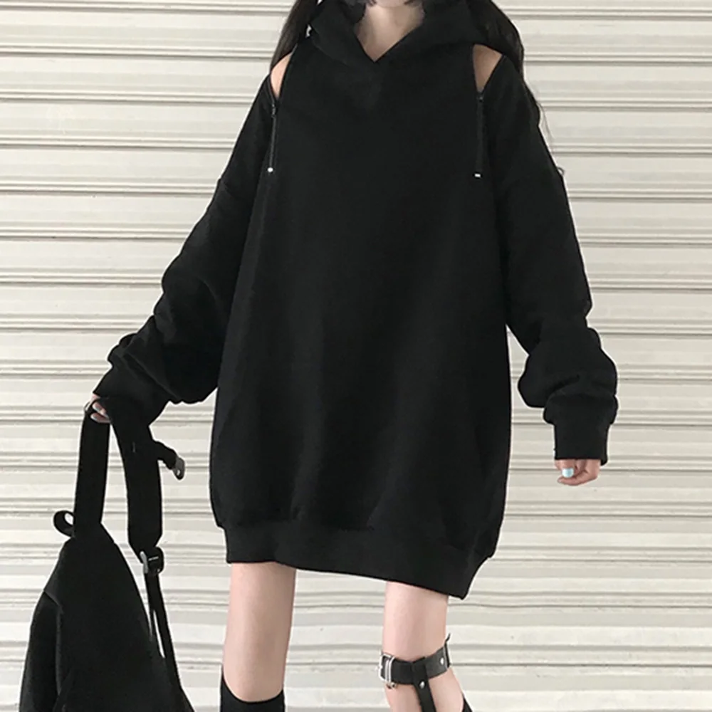 

Rosetic Trend Hollow Zipper Design Hoodie Women Autumn Oversize Loose Black Gothic Hoodies Hooded Sweatshirt Girl Long Pullover