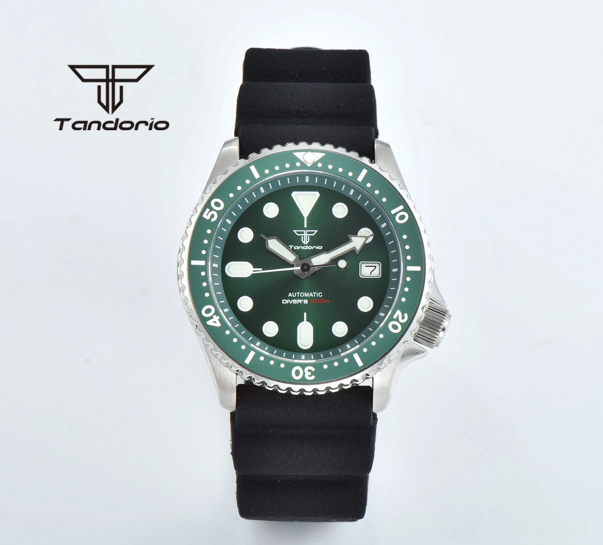 Tandorio 41mm Automatic Diving Men Watch Black/Blue/Green Dial Sapphire Glass NH35 20ATM Date Indicator Rubber Strap Green Lume