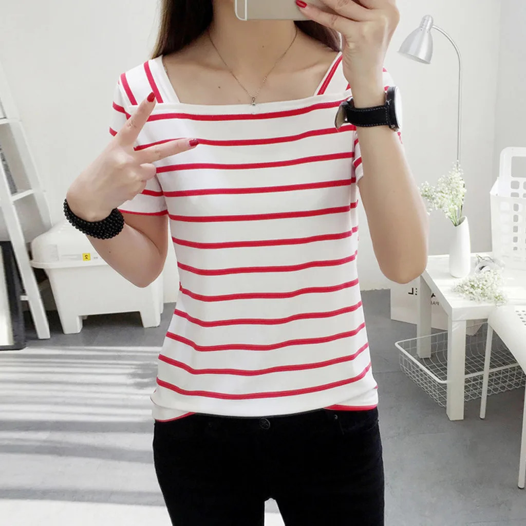 Красивая летняя полосатая VogueTshirt для женщин с коротким рукавом, Облегающая рубашка с квадратным вырезом, женская уличная одежда