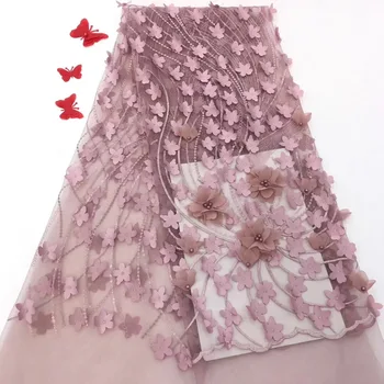 

Latest Onion Color Tulle Lace Fabric High Quality Europe And American Fashion Fabric With Beads 3d French lace Fabrics RF3031