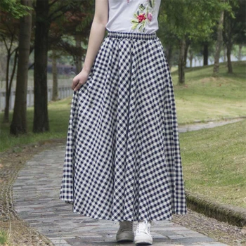 

Cotton Linen Maxi Skirt Women Summer Elastic Waist Vintage Classic black white Plaid retro Long Skirts Girl Simple casual Skirt