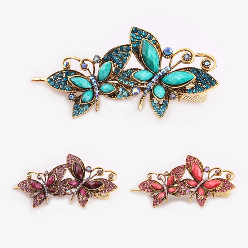 

New Diamond-encrusted Double Bow Retro Palace Rhinestone Tip Duckbill Clip Patina Hair Clips Wholesale Diamond Stone