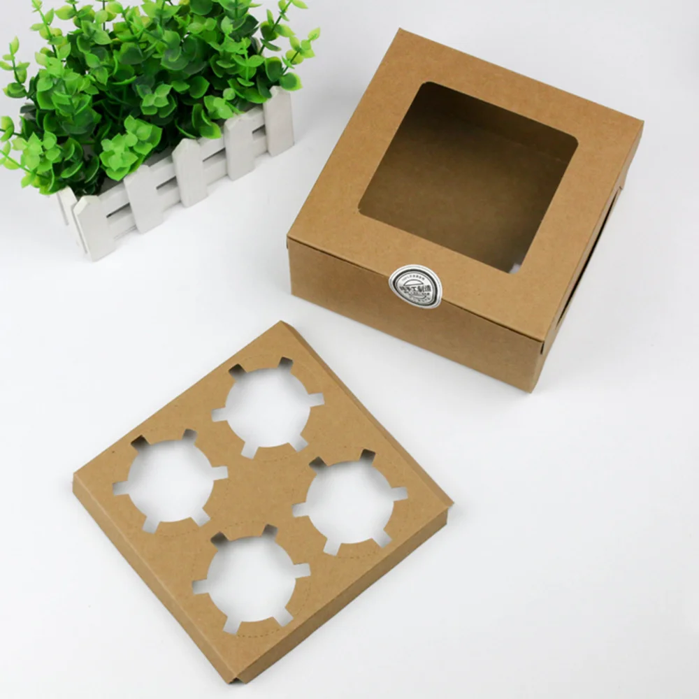 4 Cavities Kraft Paper Cupcake Box Dessert Containers Bakery Cake Carriers for Home Dessert Shop