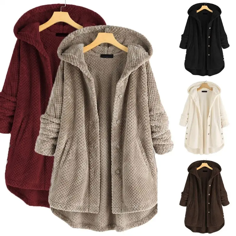 

Women Winter Warm Coats Solid Color Hooded Plus Size Fleece Irregular Long Sleeve Button Down Pocket Hooded Overcoat Outwear