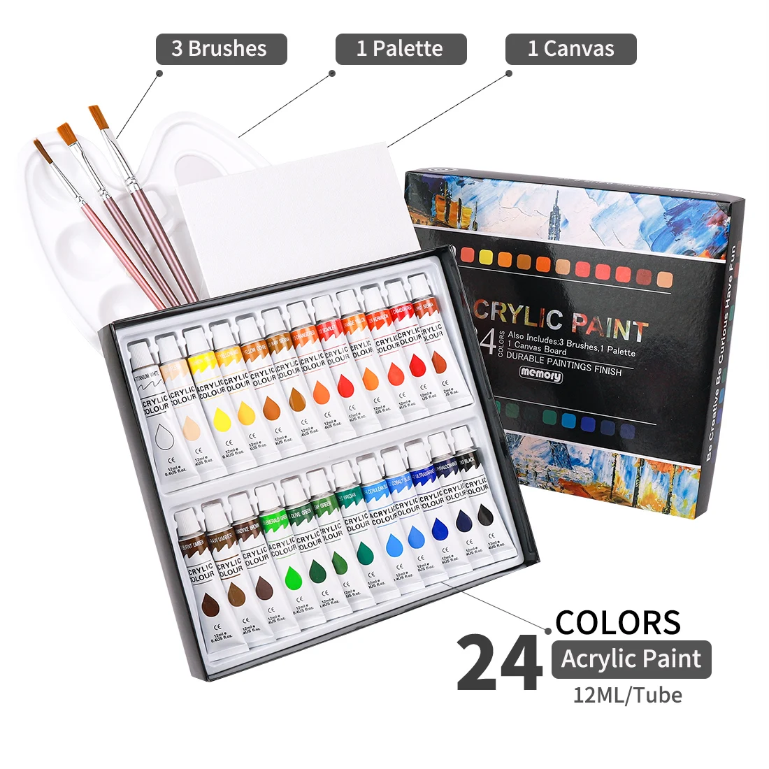 Набор акриловых красок Memory 24 цвета для рисования тканей одежды пигменты включает