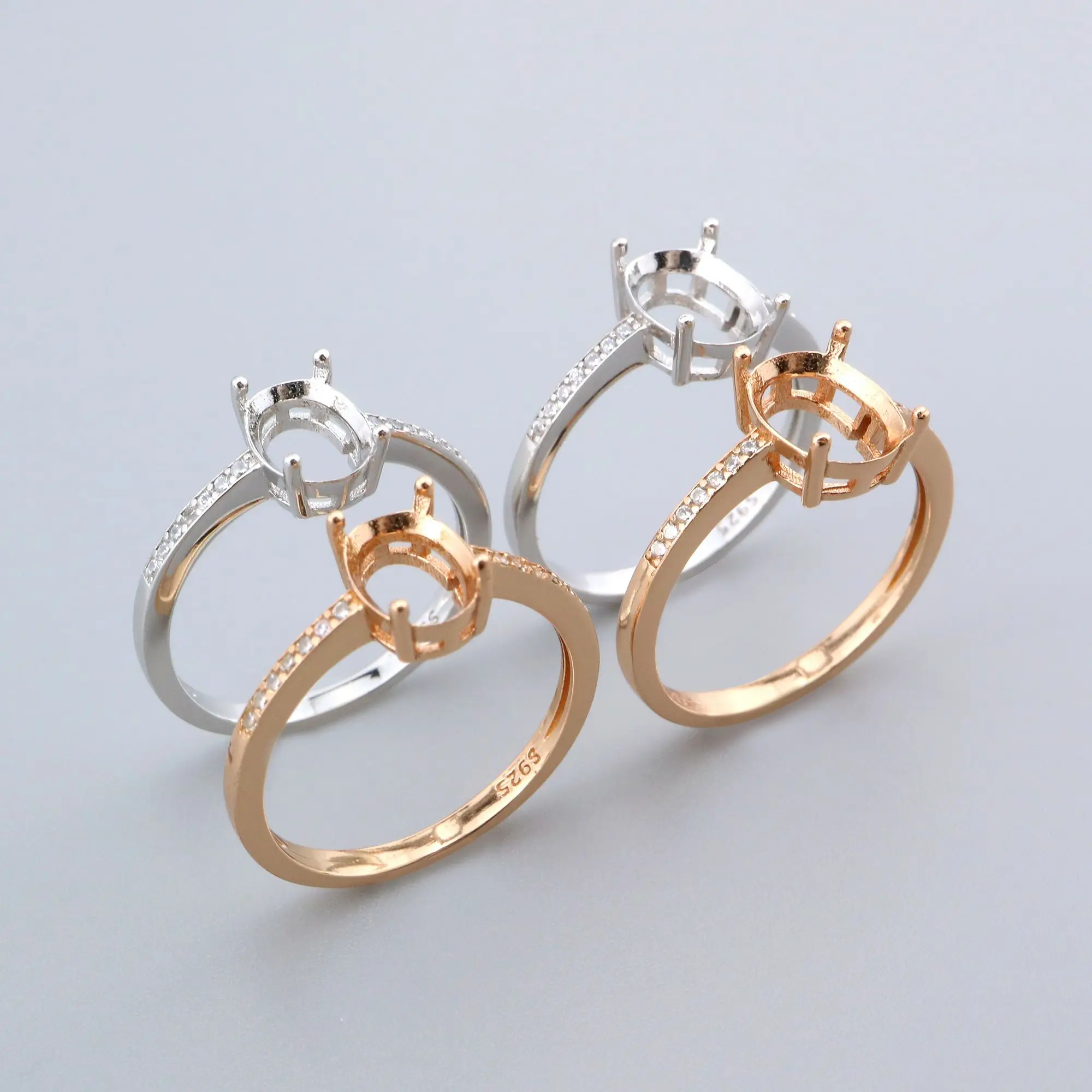 Oval Prong Ring Settings Solid 925 Sterling Silver Rose Gold Plated