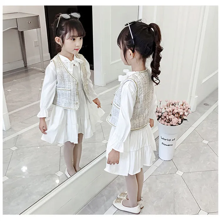 New autumn/spring European little CC style sleeveless vest+long-sleeved princess dress fashion set suits for teenage girls