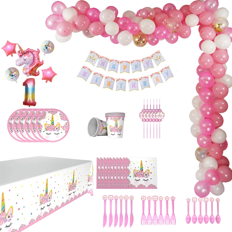 Unicorn Birthday Party Decorations Kids Girl Disposable Tableware Balloon Cups Plates Napkin Supplies | Дом и сад