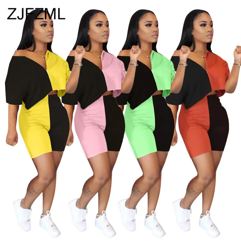 

Color Block Spliced 2 Piece Outfits For Women Deep V Neck Half Sleeve Crop Top And Skinny Short Sweat Suit Casual Matching Sets