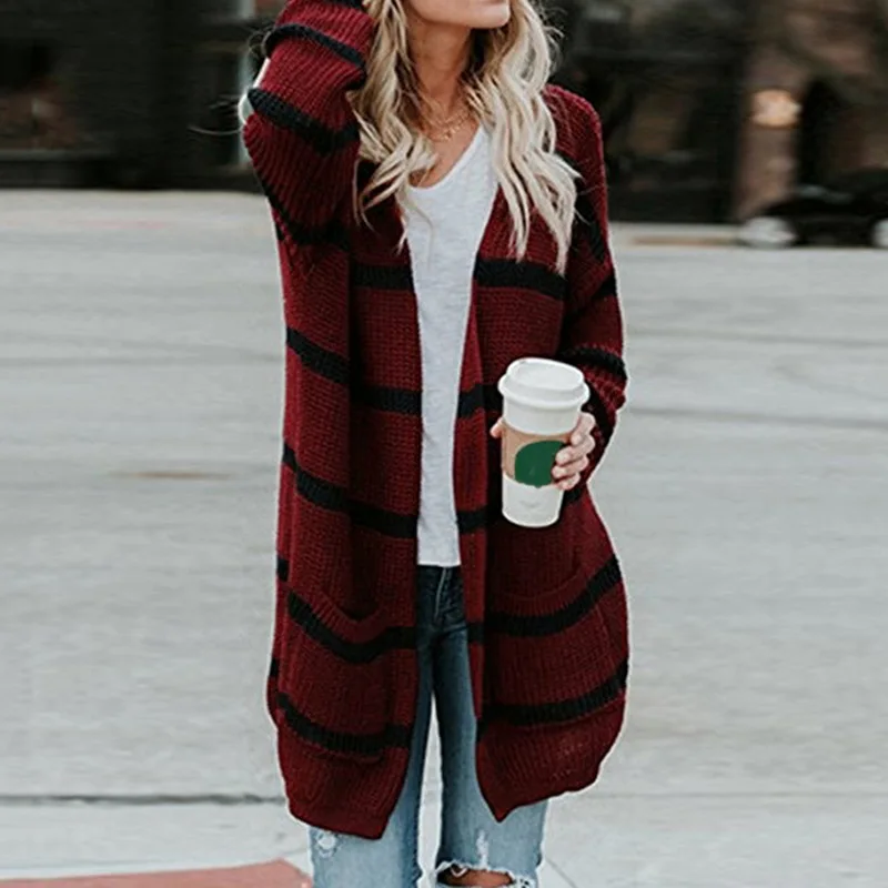New Autumn Cardigan Women's Open Stitch Knitted Striped Cardigan Sweater Female Jumper Coat Plus Size Clothes Outwear