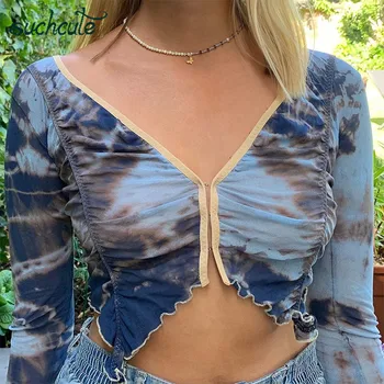 

SUCHCUTE Camouflage women's T-shirts y2k tee V neck tshirt E girl 2020 long sleeve tops vintage female streetwear clubwear 90s