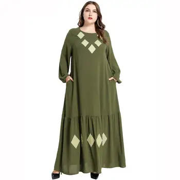 

2020 Spring Women Muslim Dress Patch Pleated Hem Diamond Embroidery Green Plus Size Long Sleeve Loose Maxi Dresses Vestidos