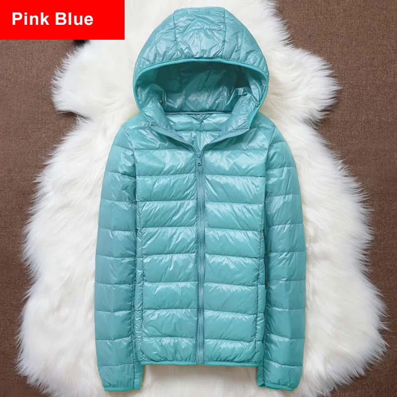 Pink Blue Зимний пуховик размера плюс 4Xl 3XL, ультра-светильник, 90% белый утиный пух, Женское пальто с капюшоном, теплый тонкий пуховик, Женская ветрозащитная парка - Цвет: Pink Blue