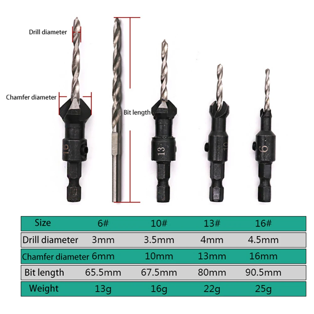 5pcs 1/4 Hex Steel Handle Woodworking Hole Countersunk Head Drill Set Wood Taper Sink Hole Drilling 4PCS Countersunk Head Drills 5pcs 1/4 Hex Steel Handle Woodworking Hole Countersunk Head Drill Set Wood Taper Sink Hole Drilling 4PCS Countersunk Head Drills
