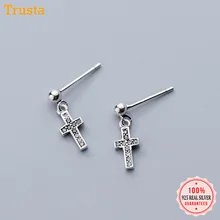 Trustdavis 925 Твердые ювелирные изделия из настоящего стерлингового серебра Женская мода крест черный CZ серьги-гвоздики подарок для девочек Дети Леди DA88