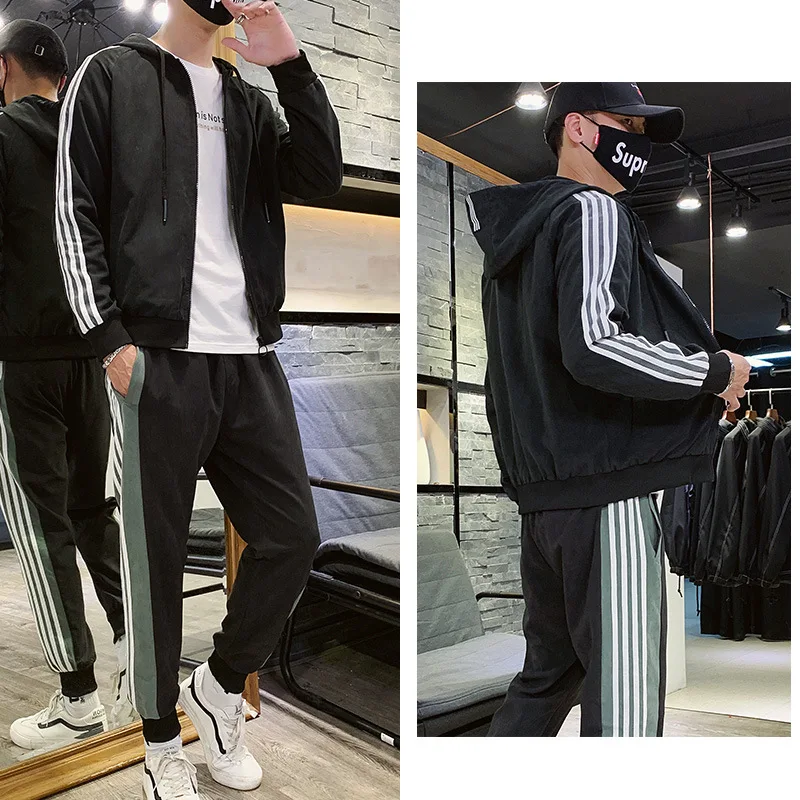 

2019 New Jacket Men's Spring And Autumn Trend Hooded Leisure Sports Suit Students Men'S Wear a Set of Collocation Handsome