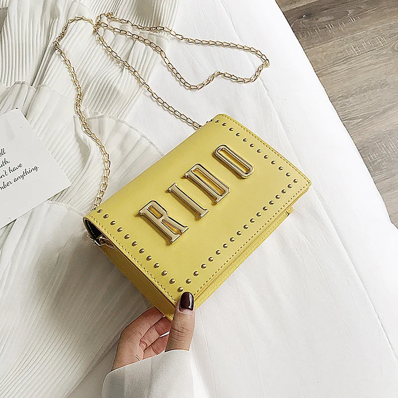 

INS Online Celebrity Bag Women's 2020 New Style Textured Popular Rivet Square Sling Bag Western Style Chain Crossbody Bag