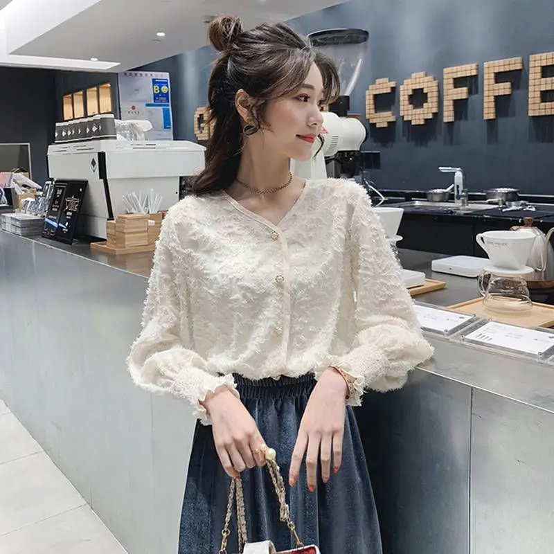 

Women White Lace Blouse Tops Sweet Ladies Fringed Feather Perspective V Neck Blouses Elegant Solid Long Sleeve Chiffon Shirts