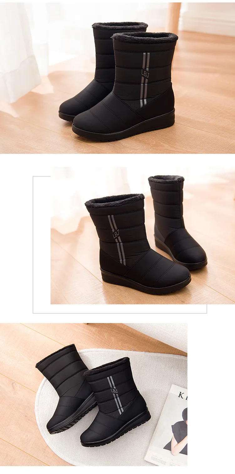 Женская зимняя обувь сапоги до середины икры, сапоги-снегоходы ботинки женская обувь черного цвета без шнуровки Обувь на теплом меху Plsuh обувь Зимние женские сапоги