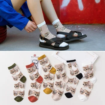 

1 Pair Women Glass Mid Socks Summer Korea Cartoon Cat Lovely Lady Thin Fashion Socks Breathable Cute Animal Funny Ankle Socks