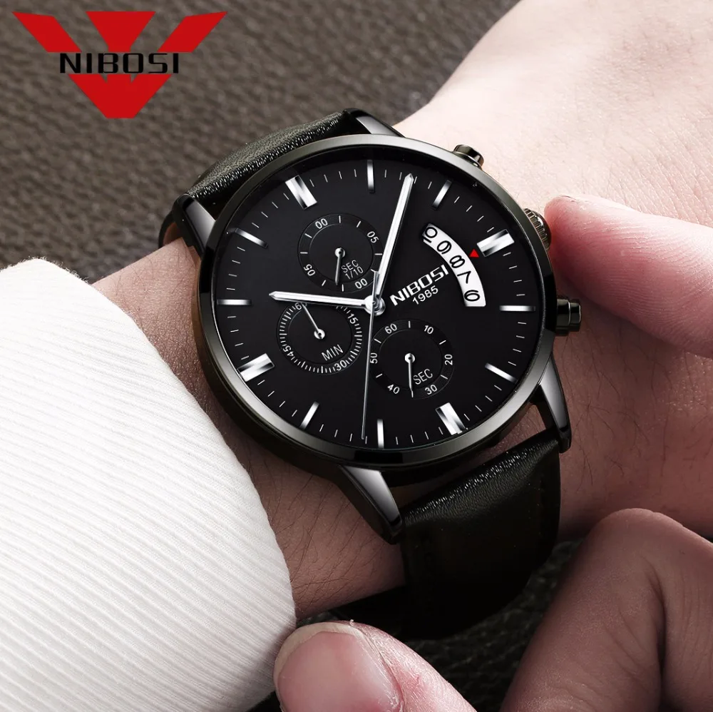 NIBOSI Fashion Mens Small Three Needles Watches Luxury Watch Luminous Leather Quartz Wristwatches Clock Male Relogio Masculino