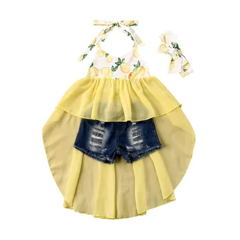 

Summer Kid Baby Girl Clothes Sets 1-6Y Yellow Lemon Print Sleeveless Halter Lace Up Dress+Ripped Denim Shorts 2pcs Girl Clothing