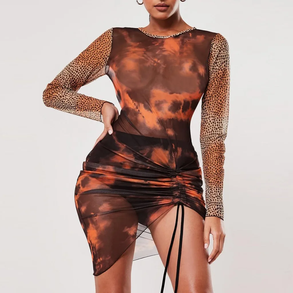 Feitong/модное женское платье Vestidos, эластичное, на шнуровке, с длинным рукавом, с О-образным вырезом, с леопардовым принтом, обтягивающее мини-платье