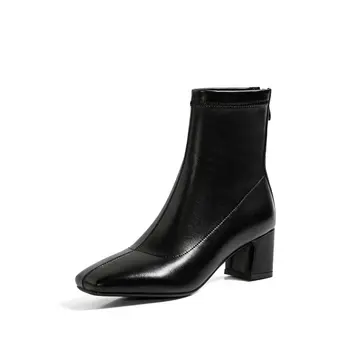 

2021 New Autumn Winter PU Leather Square Toe Back Zipper Ankle Boots Square Heel All Match Women Shoes Size 34-43