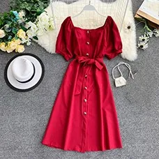 2019-Women-A-Line-Dress-Female-Puff-Sleeve-Slash-Neck-Party-Dress-Ladies-Single-Breasted-Oversized