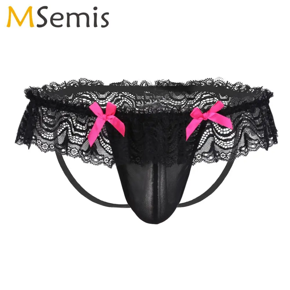 

Men Sexy Panties Transparent Mesh Lace Bowknot Bikini Briefs Erotic Sissy Gay Crossdressing Open Butt Sheer Jockstrap Underpants