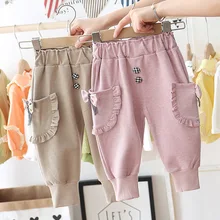 Повседневные хлопковые кружевные штаны с бантом для маленьких девочек; весенне-осенние штаны в горошек с галстуком-бабочкой; одежда для малышей; длинные штаны принцессы для детей