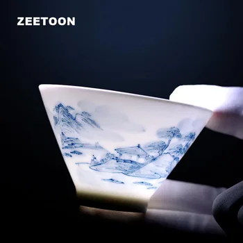 

80ml Boutique Jingdezhen Blue and White Porcelain Hand Painted Landscape Small Teacup China Ceramic Kung Fu Tea Set Master Cup