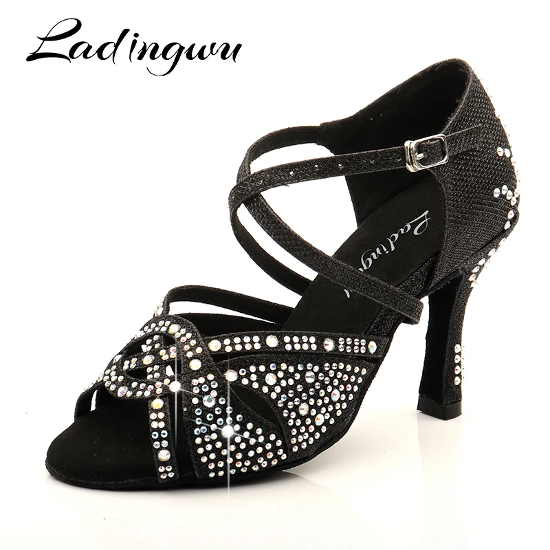 Ladingwu Dance Shoes Latin Women Glitter Satin Bright Salsa Dance Shoes Tango Party Bright Rhinestones Dance Shoes