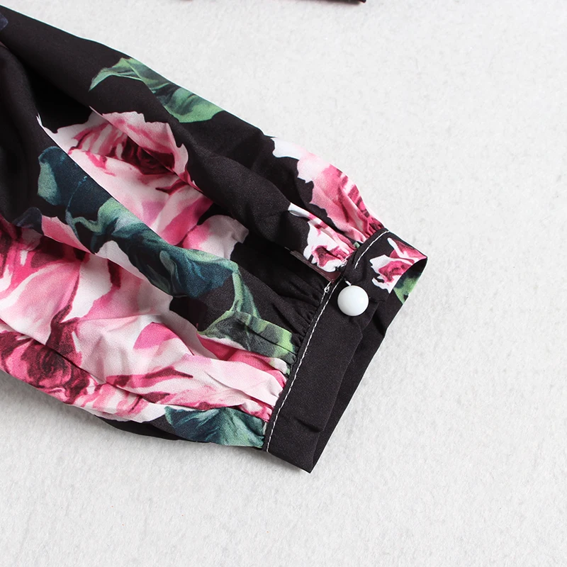 GALCAUR/винтажная женская блузка с цветочным принтом и бантом, с v-образным вырезом и фонариком, с длинными рукавами, на шнуровке, Женская