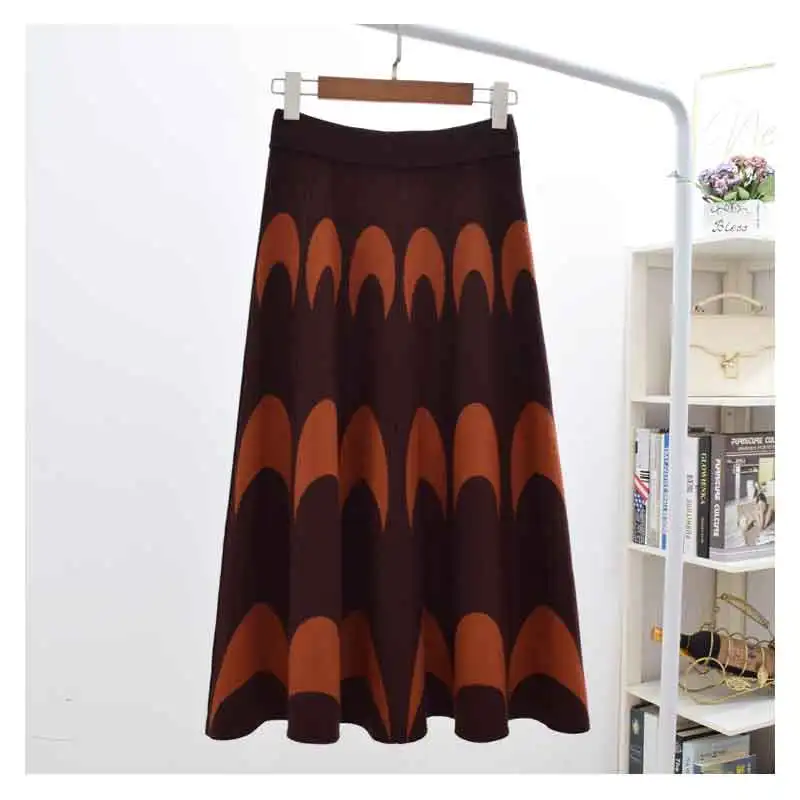 Осенне-зимняя трикотажная длинная юбка с принтом женская элегантная Корейская Высокая талия плиссированные вязаные юбки женские теплые Макси Faldas Saia