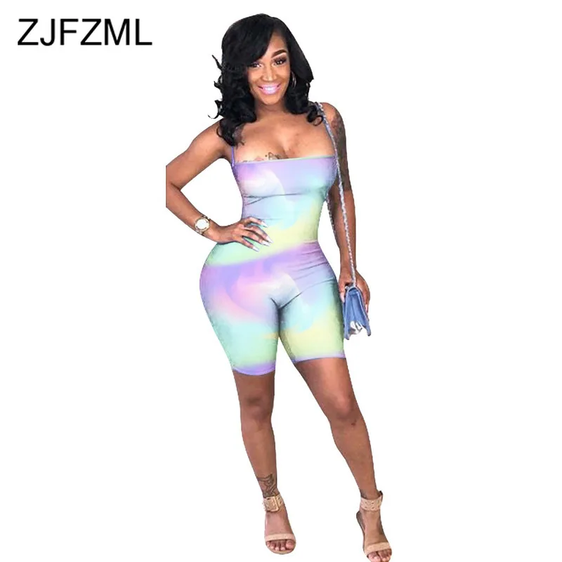 

Dot Rainbow Tie Dye Print Beach Playsuits Women Spaghetti Strap Open Back Bodycon Jumpsuit Summer Strapless One Piece Bodysuit