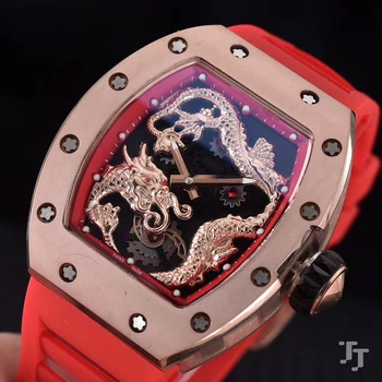 

Luxury Brand New Red Blue Black Rubber Rose Gold Men Watch Sapphire Automatic Mechanical Dragon Tourbillion Skeleton Watches