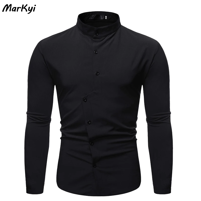 

MarKyi 2019 new autumn desgin button mandarin collar formal shirt for men eu size long sleeve shirt men slim fit