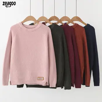 

New Women Casual O-neck Long Sleeve Thicken None Thicken, Pullover, Knitted, Hem Split Knitted Pullover Sweater