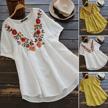 

Kaftan Women's Embroideried Blouse Woman Linen Tops 2020 ZANZEA Button Floral Blusas Female Short Sleeve Shirts Pleated Tunic