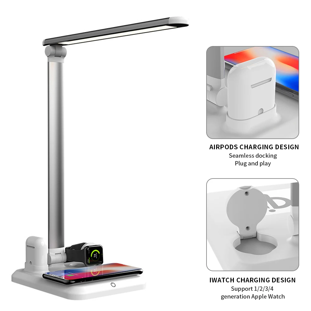 

4 In1 Wireless Charger Led Desk Lamp Luminaria Multifunction 5W Touch Table Lamp Charging Stand For IPhone Airpods Iwatch