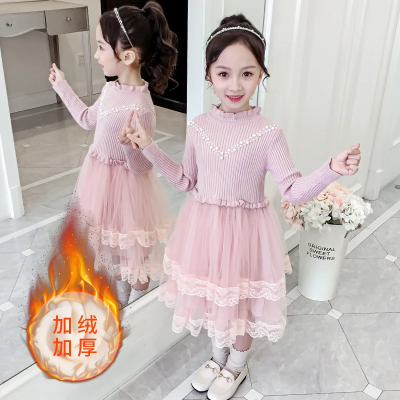 Платье для девочек; лоскутное кружевное платье для девочек; вязаное платье-свитер; детское осеннее модное платье с бусинами; зимняя теплая детская одежда