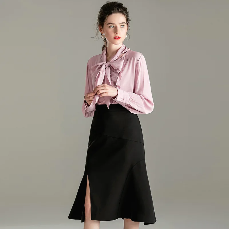 

Purple Long Sleeve Shirts Two Piece Set Pink Outfit 2 Piece Top and Skirts Matching Sets for Women Red Midi Skirt Black Blouse