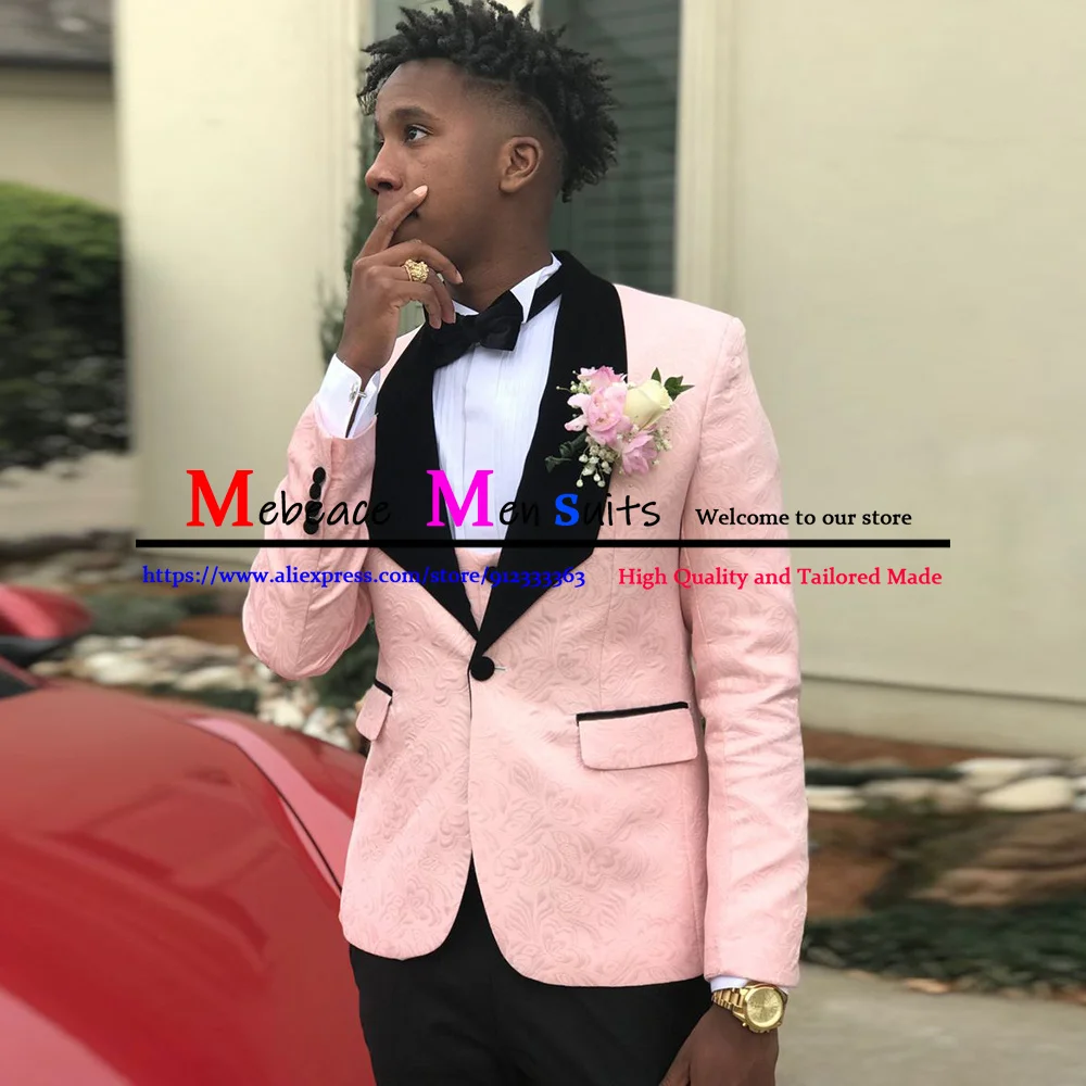 

Classic Pattern Pink Mens Suits Shawl Lapel Wedding Groom Wear Tuxedos Jacquard Best Man Blazer 3 Piece Sets Jacket+Vest+Pants