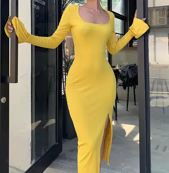

Elegant Party Long Dress For Women Autumn Winter Fashion Solid Split Patchwork Square Collar Long Flare Sleeve Dress H1